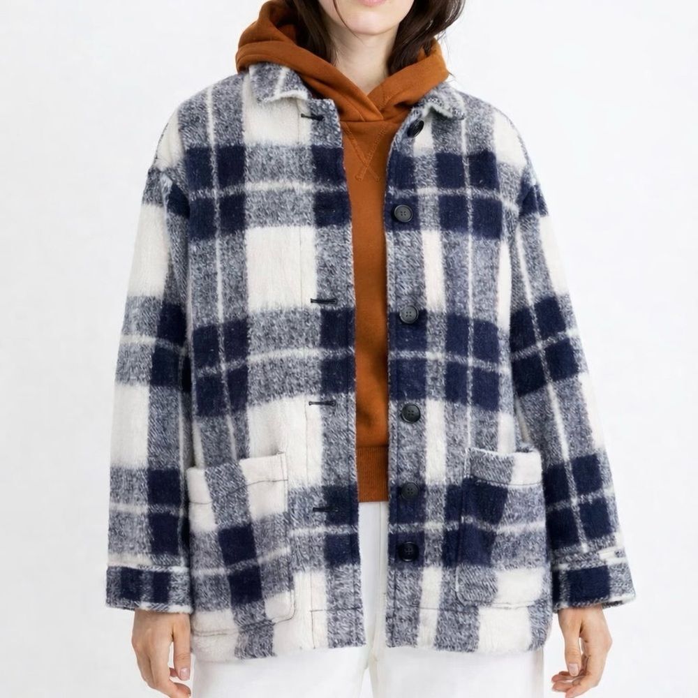 Madewell Walton Shirt Jacket Colleton Plaid Size XL Wool Blend Shacket Navy Ink